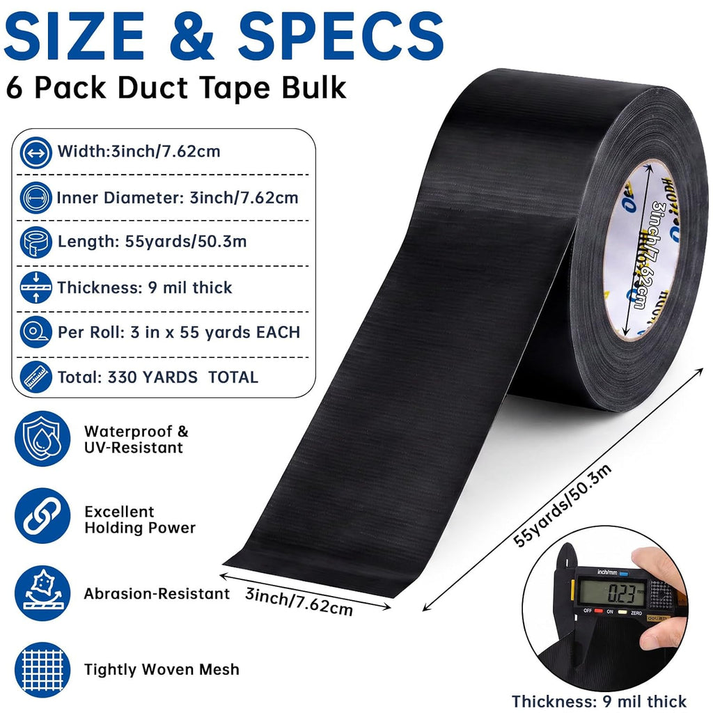 6 Pack 3 in Duct Tape Black Heavy Duty 55 Yards x 3 Inch