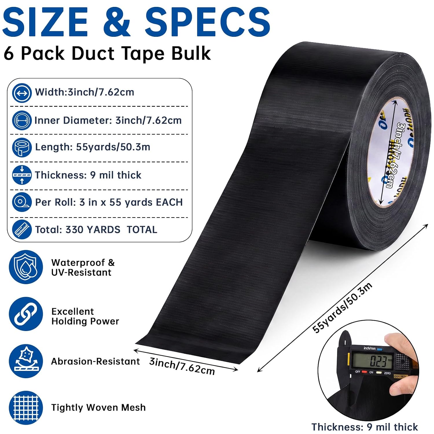 6 Pack 3 in Duct Tape Black Heavy Duty 55 Yards x 3 Inch