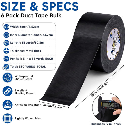 6 Pack 3 in Duct Tape Black Heavy Duty 55 Yards x 3 Inch
