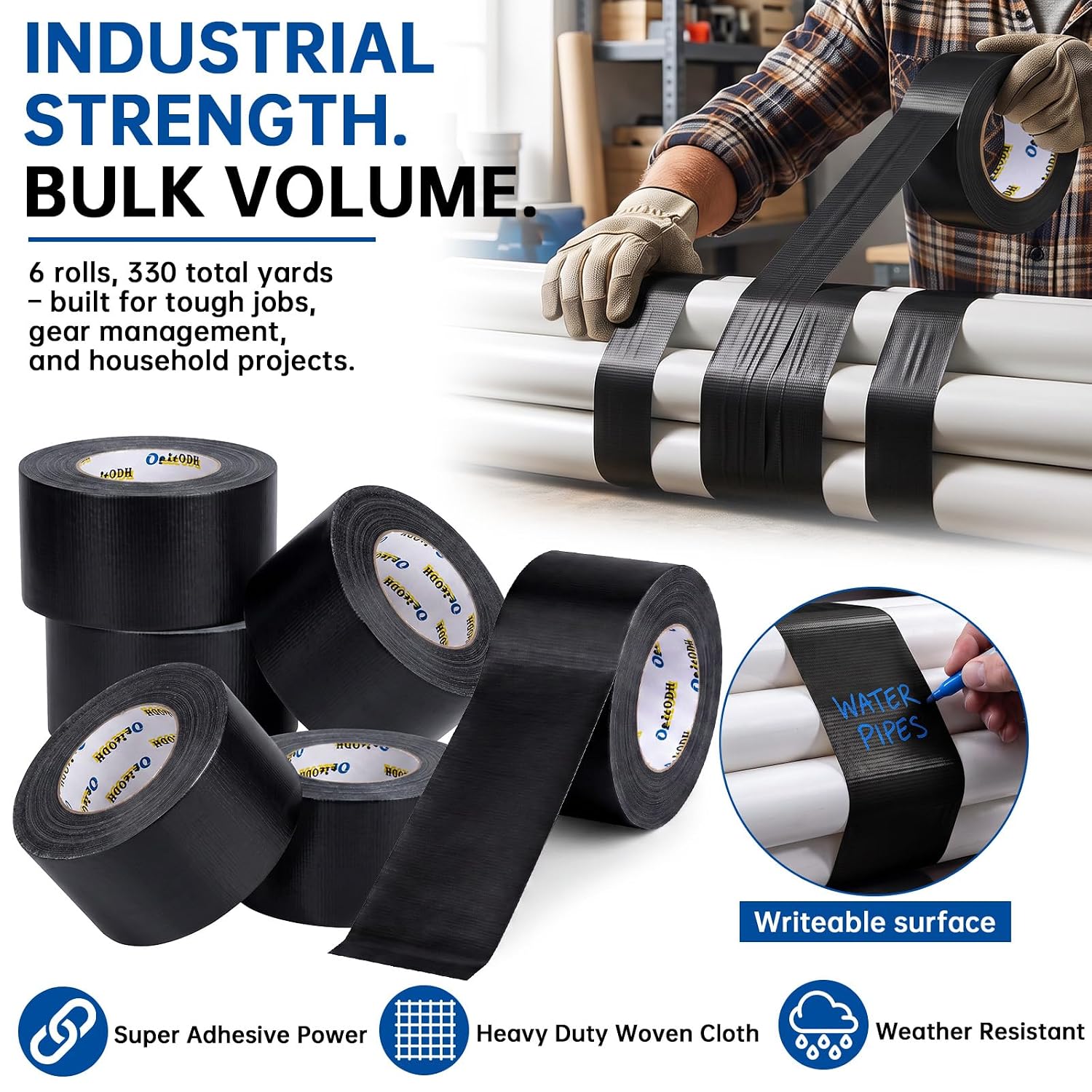 6 Pack 3 in Duct Tape Black Heavy Duty 55 Yards x 3 Inch